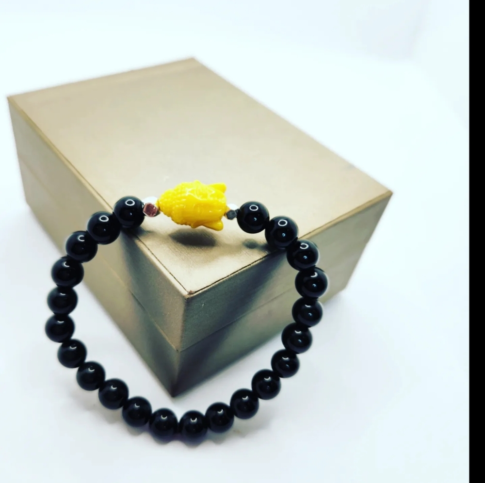 Black Obsidian, Yellow Buddha bracelet 8 mm